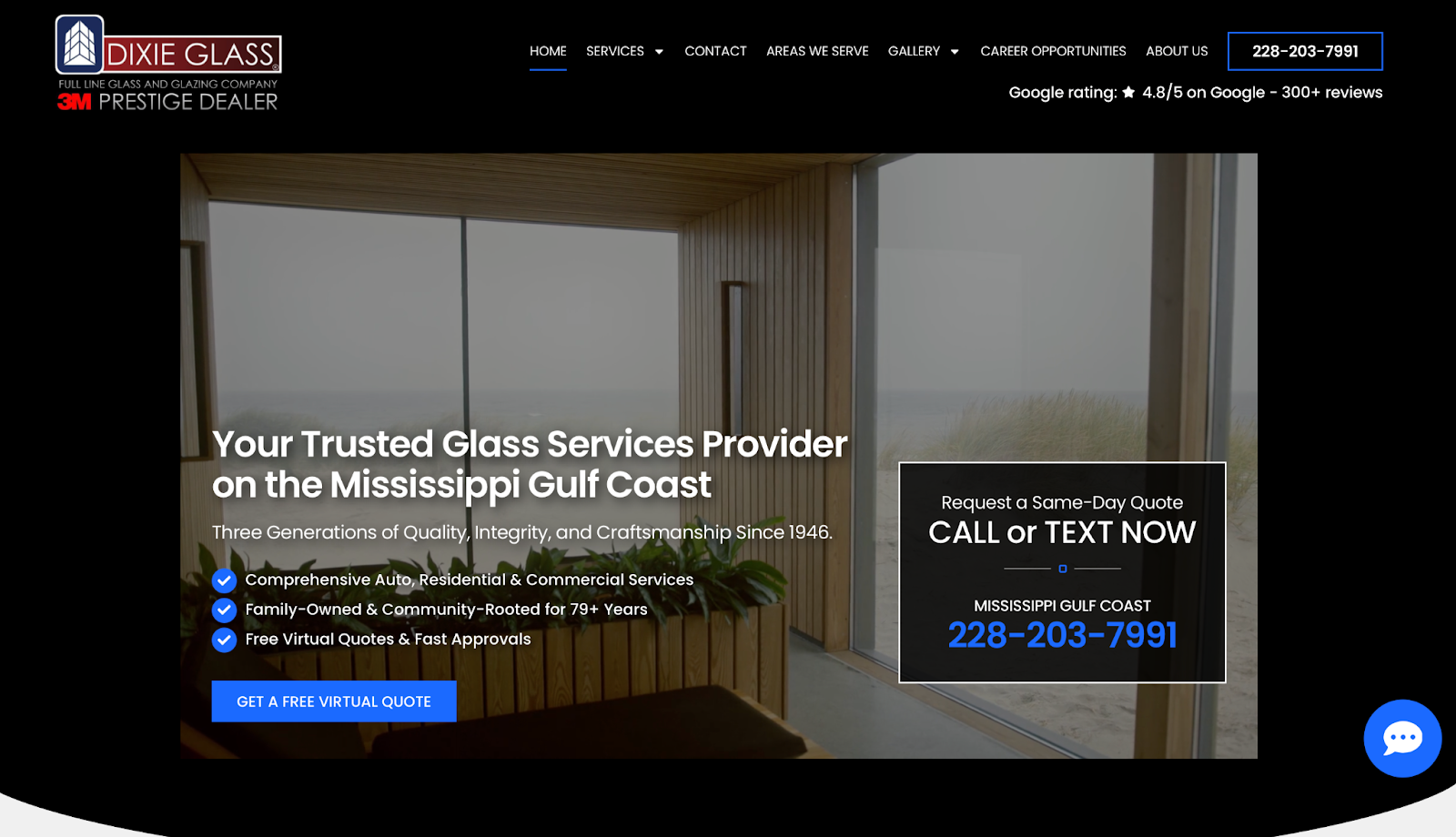 Dixie Glass website rebuilt by Lithium Marketing. A WordPress conversion-focused redesign that replaced an outdated Wix site