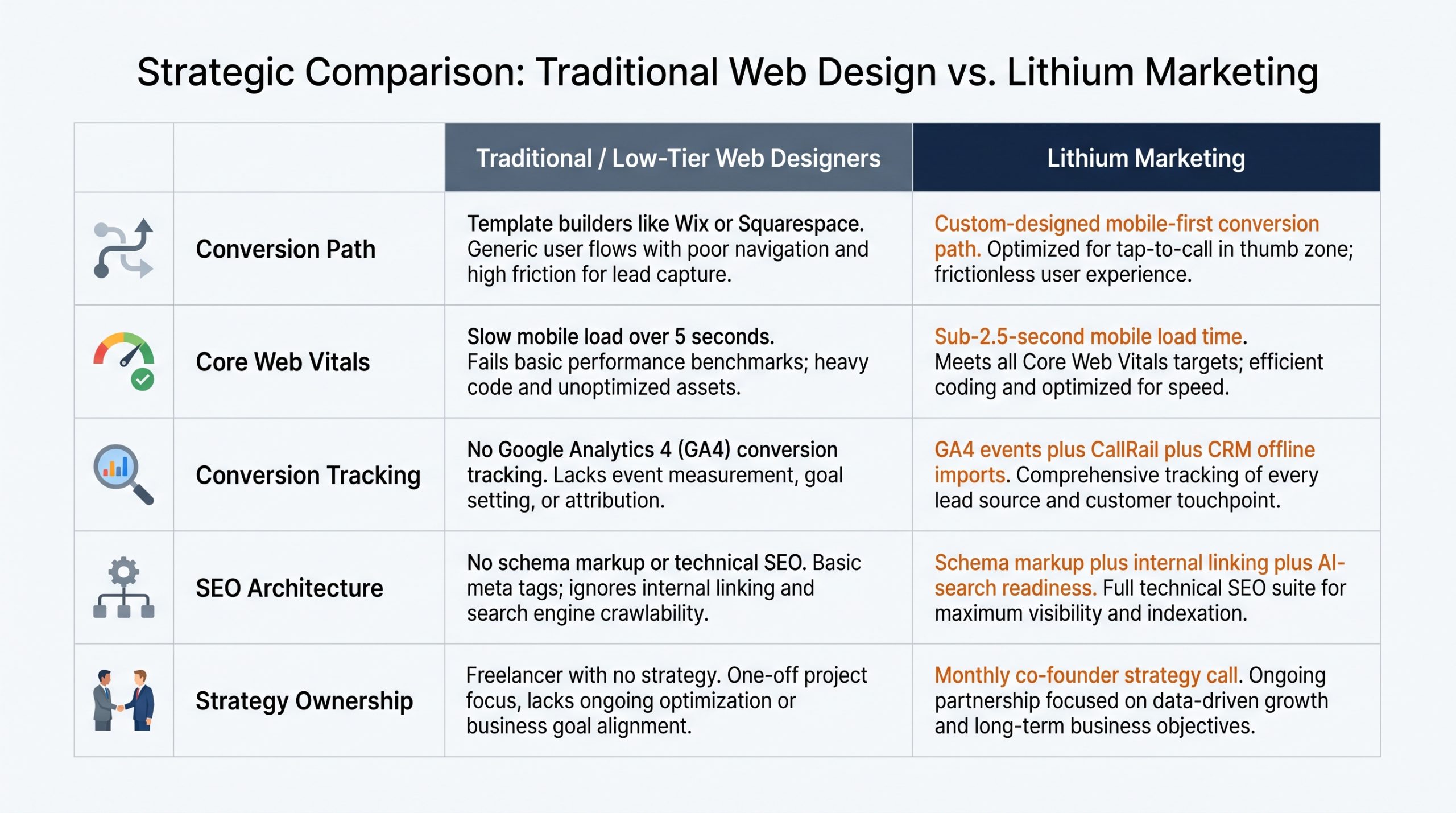 Strategic comparison of traditional web designers vs Lithium Marketing across conversion path, Core Web Vitals, conversion tracking, SEO architecture, and strategy ownership